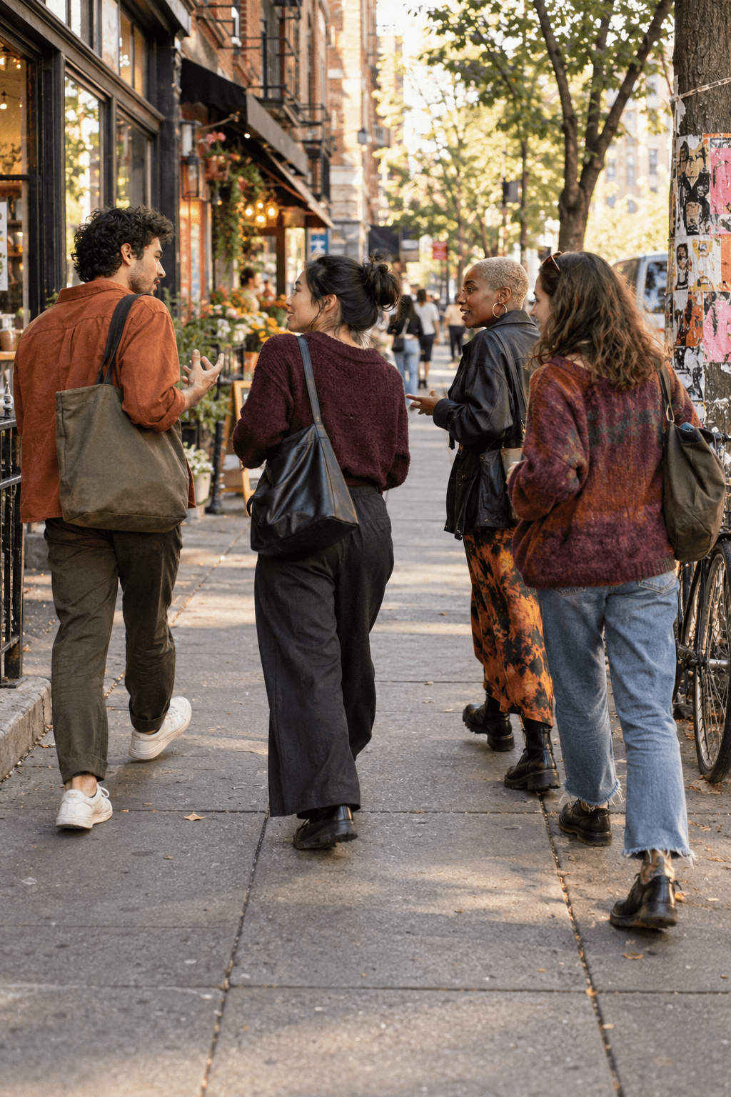 Four independent professionals in conversation on a neighborhood walk