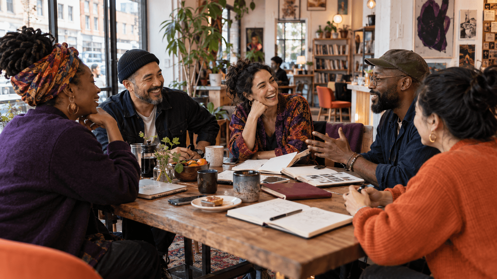 A diverse group sharing a table and conversation