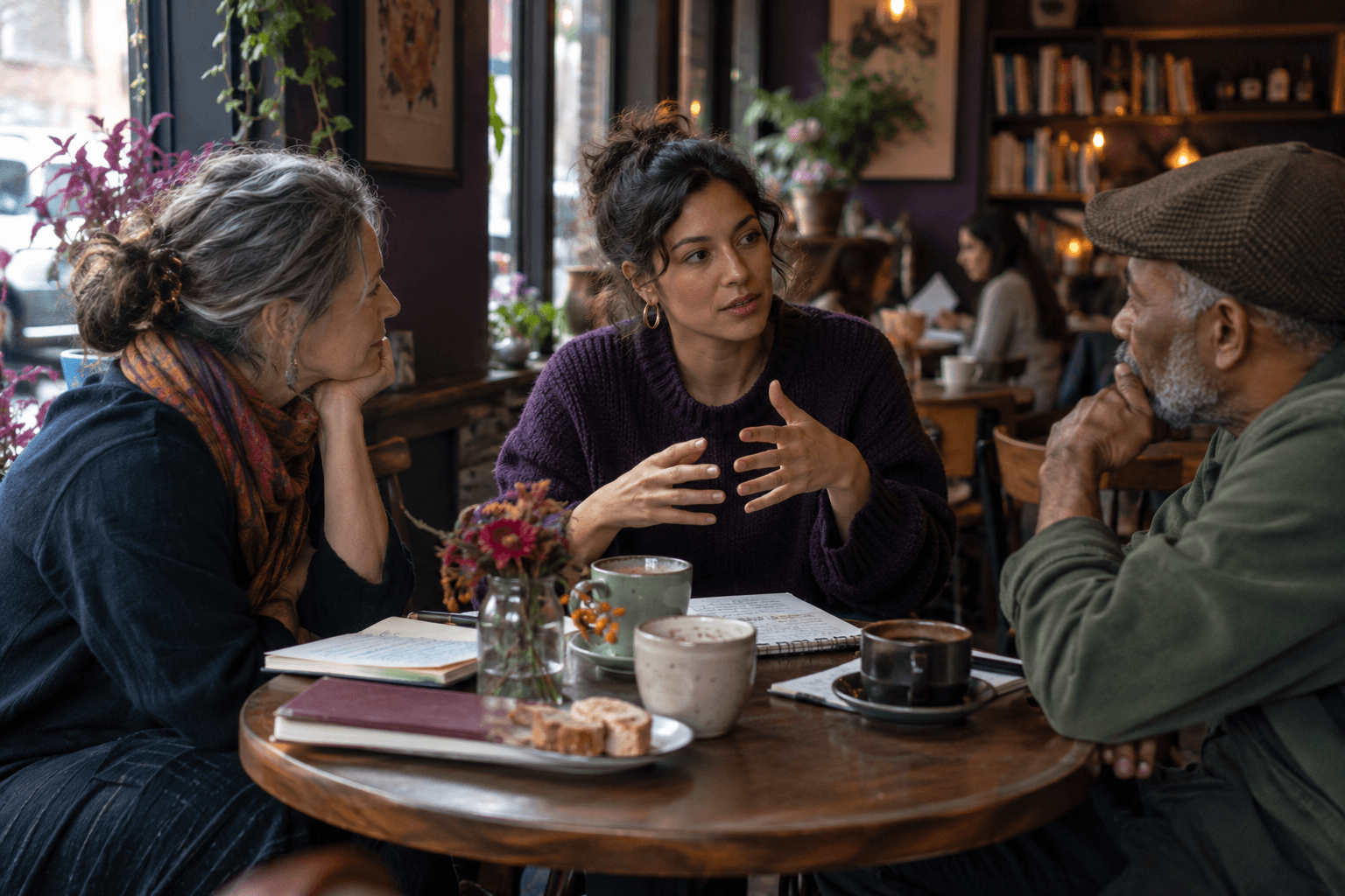 Three independent professionals sharing a thoughtful cafe conversation